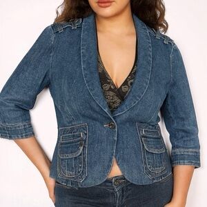 Vintage Y2K Baccini Denim Single Button Blazer Jacket 3/4 Sleeve Blue Large